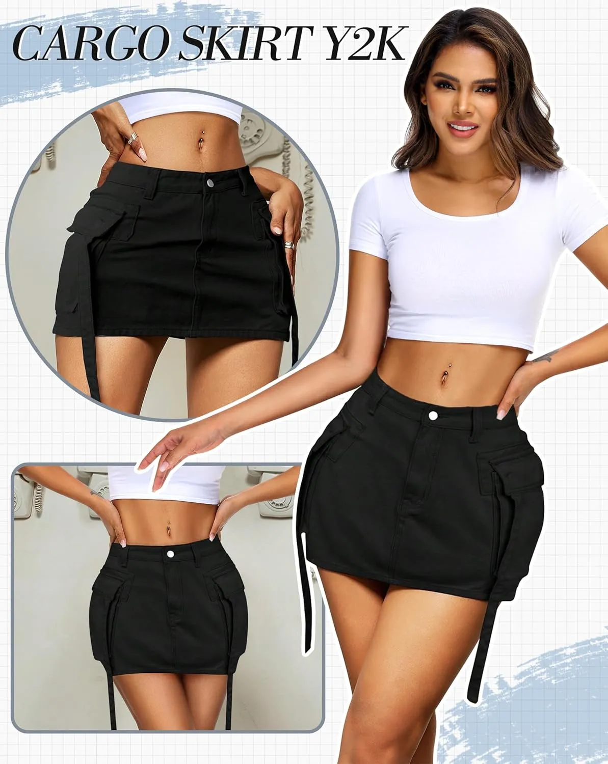 Womens Cargo Skirt Low Waist Button Denim Mini Skirt Summer Y2k Jean Skirt with Flap Pockets