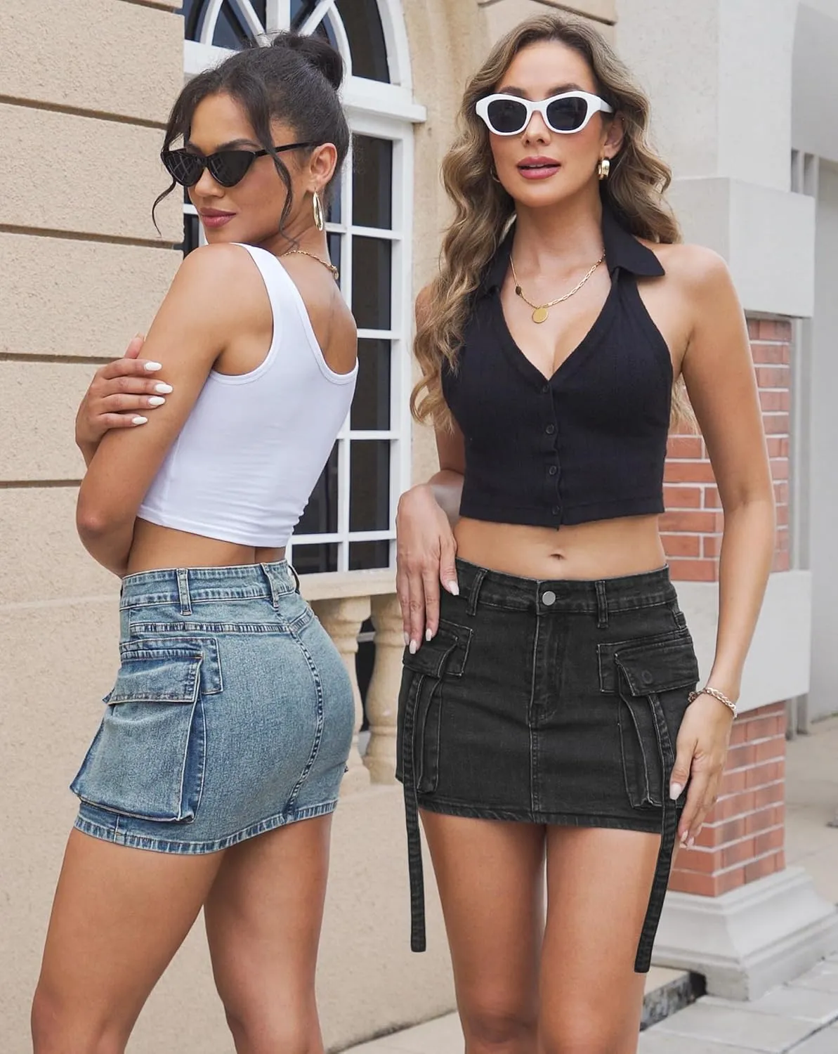 Womens Cargo Skirt Low Waist Button Denim Mini Skirt Summer Y2k Jean Skirt with Flap Pockets