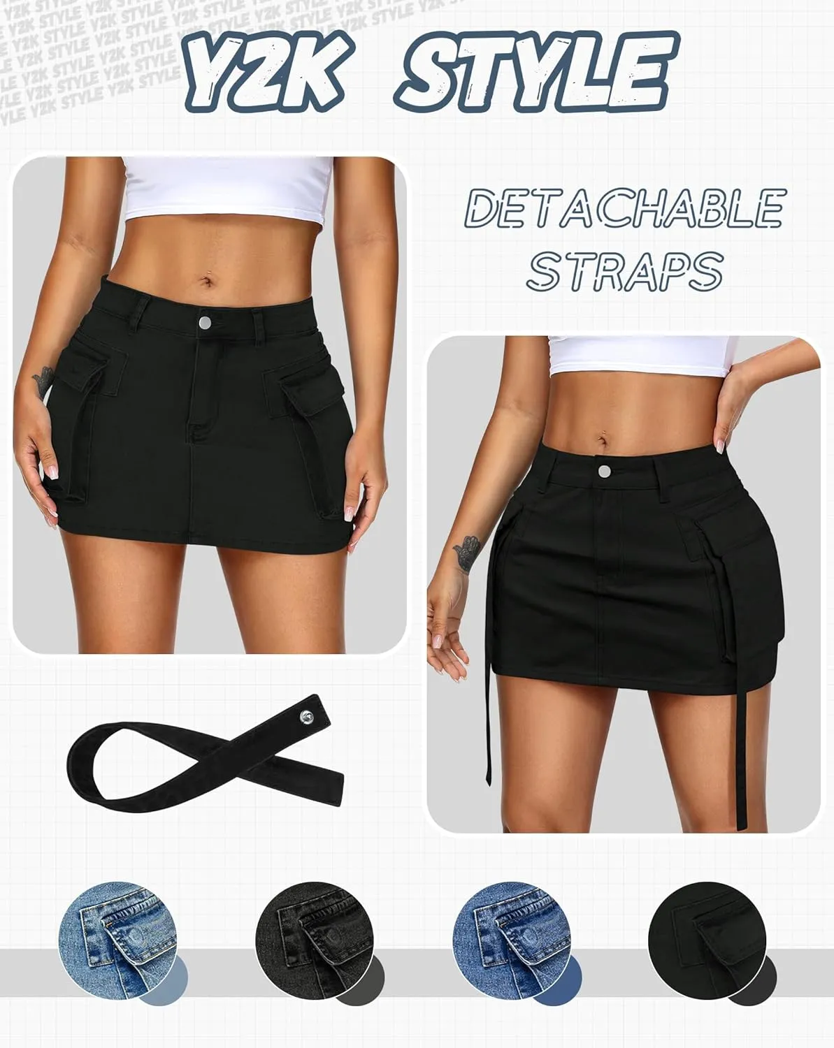 Womens Cargo Skirt Low Waist Button Denim Mini Skirt Summer Y2k Jean Skirt with Flap Pockets