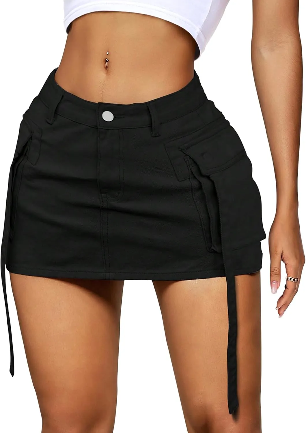 Womens Cargo Skirt Low Waist Button Denim Mini Skirt Summer Y2k Jean Skirt with Flap Pockets