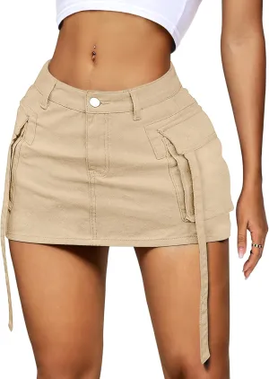 Womens Cargo Skirt Low Waist Button Denim Mini Skirt Summer Y2k Jean Skirt with Flap Pockets