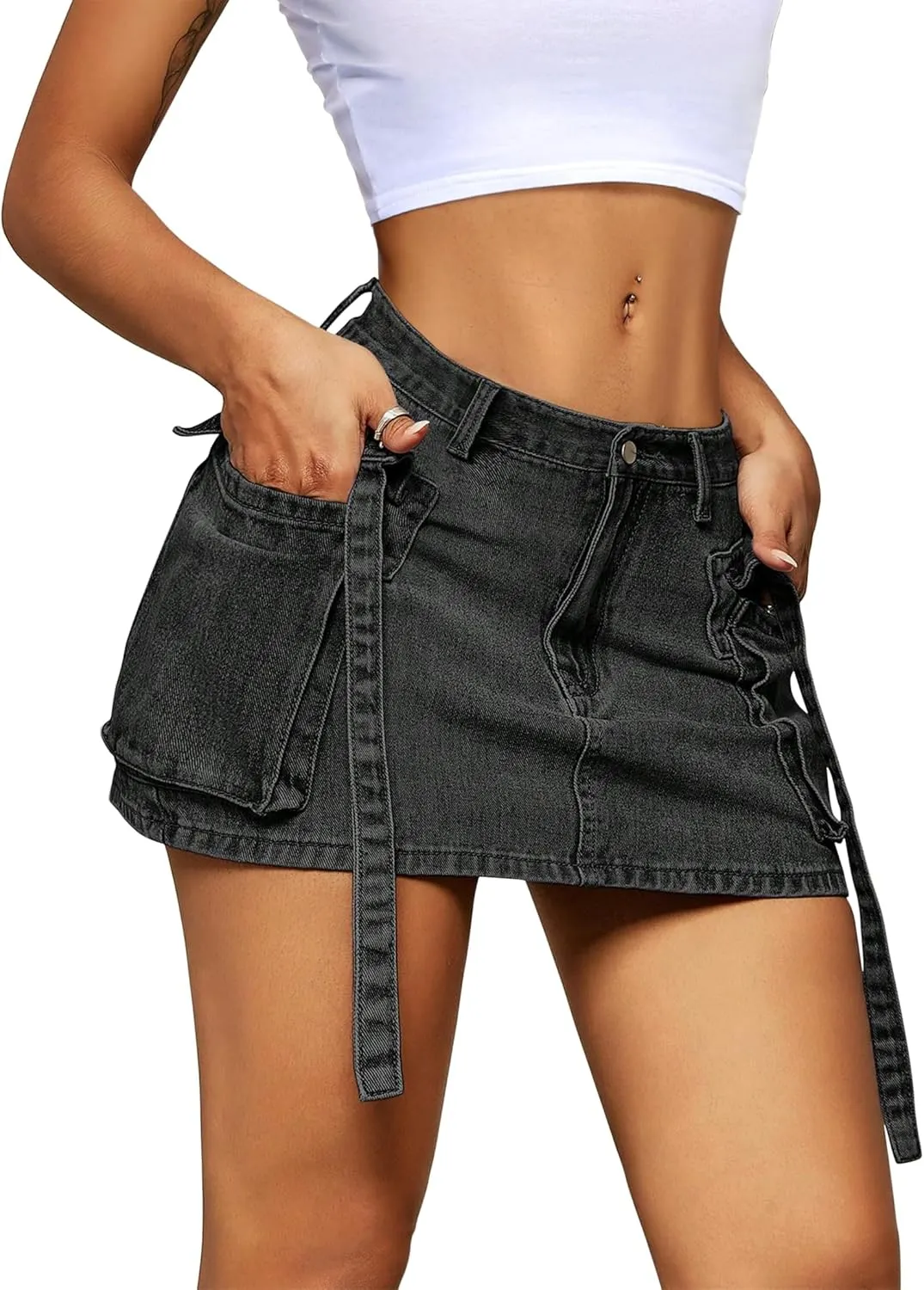 Womens Cargo Skirt Low Waist Button Denim Mini Skirt Summer Y2k Jean Skirt with Flap Pockets