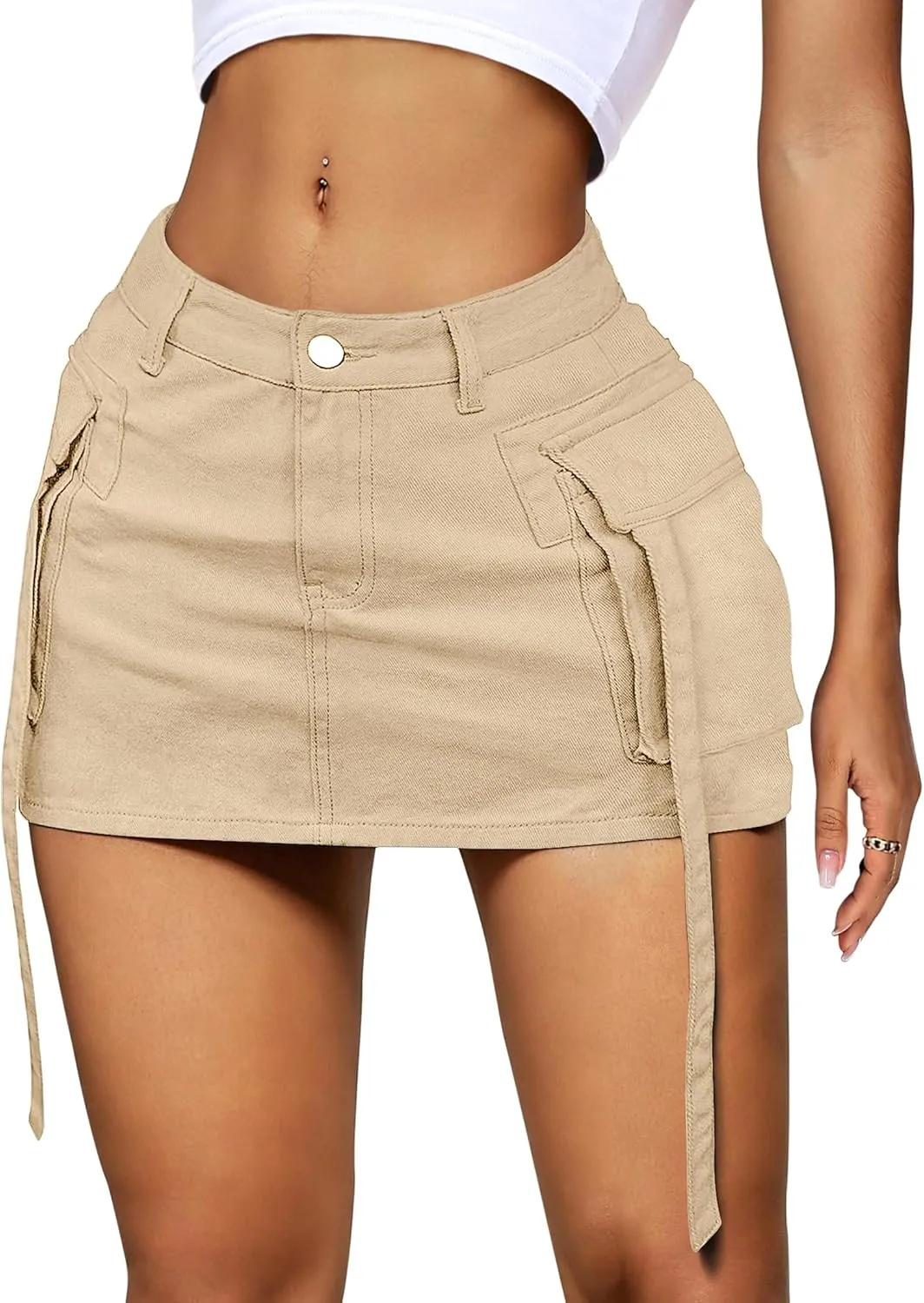 Womens Cargo Skirt Low Waist Button Denim Mini Skirt Summer Y2k Jean Skirt with Flap Pockets