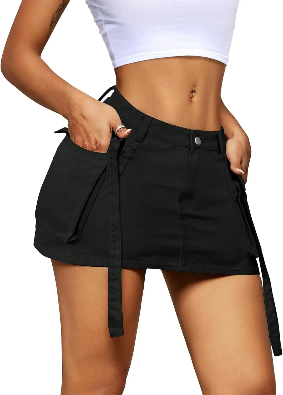 Womens Cargo Skirt Low Waist Button Denim Mini Skirt Summer Y2k Jean Skirt with Flap Pockets