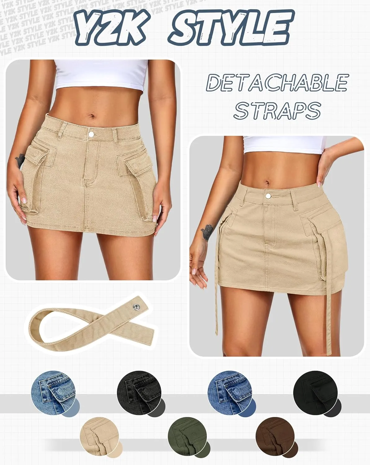 Womens Cargo Skirt Low Waist Button Denim Mini Skirt Summer Y2k Jean Skirt with Flap Pockets