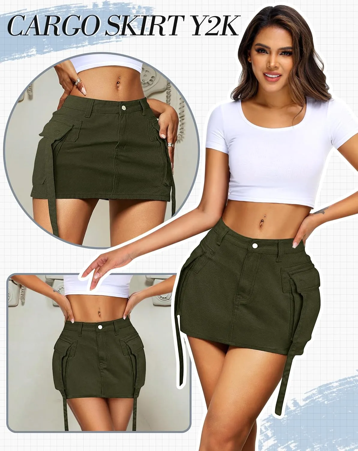 Womens Cargo Skirt Low Waist Button Denim Mini Skirt Summer Y2k Jean Skirt with Flap Pockets