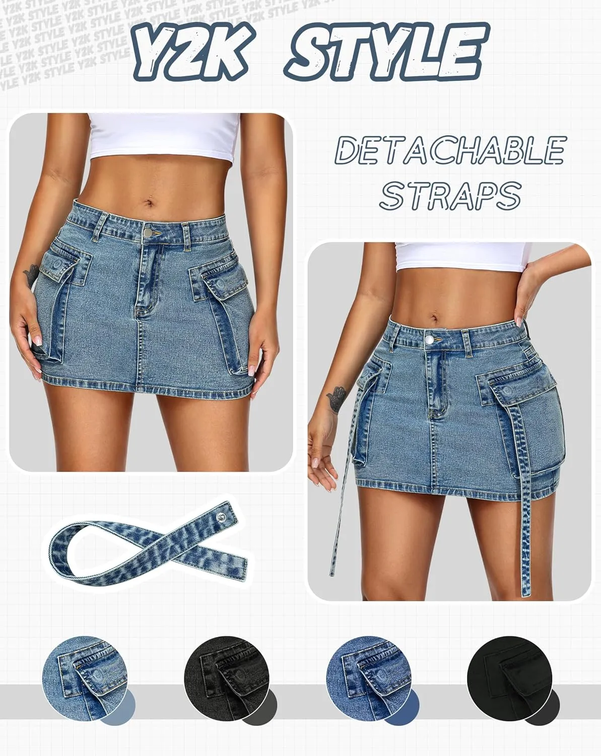 Womens Cargo Skirt Low Waist Button Denim Mini Skirt Summer Y2k Jean Skirt with Flap Pockets