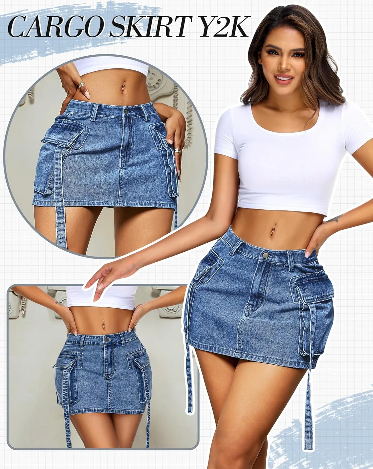Womens Cargo Skirt Low Waist Button Denim Mini Skirt Summer Y2k Jean Skirt with Flap Pockets