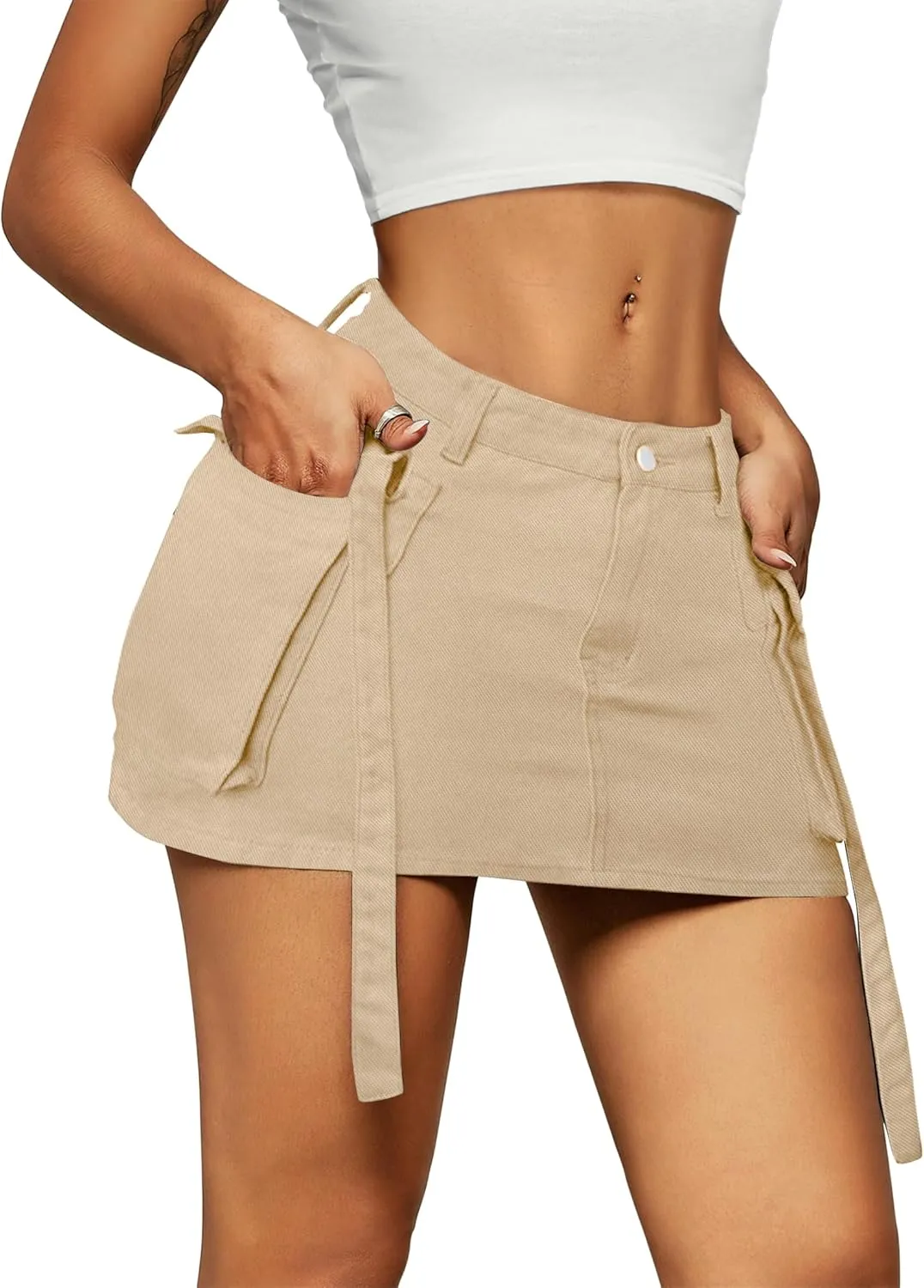 Womens Cargo Skirt Low Waist Button Denim Mini Skirt Summer Y2k Jean Skirt with Flap Pockets