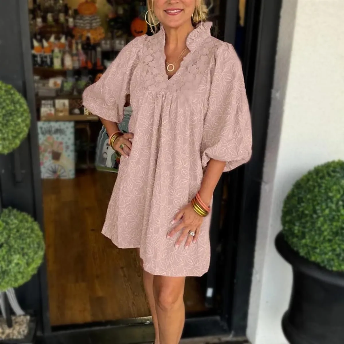 Women's Casual Embroidered Ruffle Puff Sleeve Tunic Dress Summer Loose Boho Lace A Line Vacation Mini Dress
