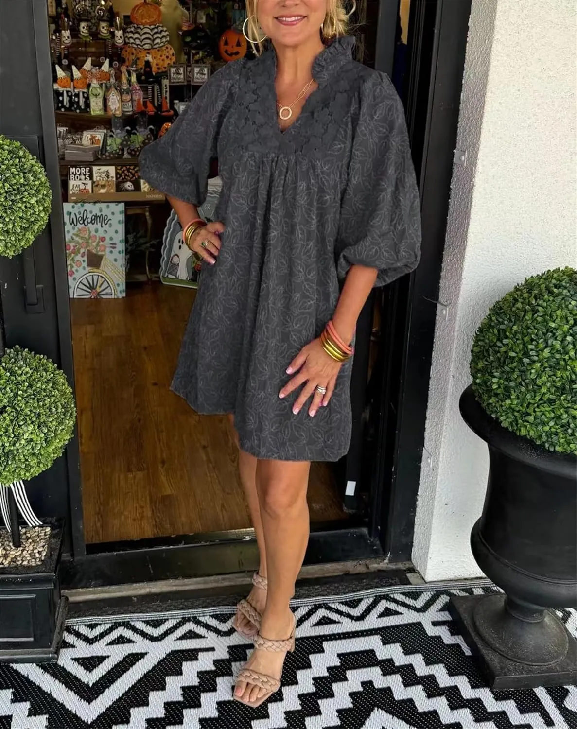 Women's Casual Embroidered Ruffle Puff Sleeve Tunic Dress Summer Loose Boho Lace A Line Vacation Mini Dress