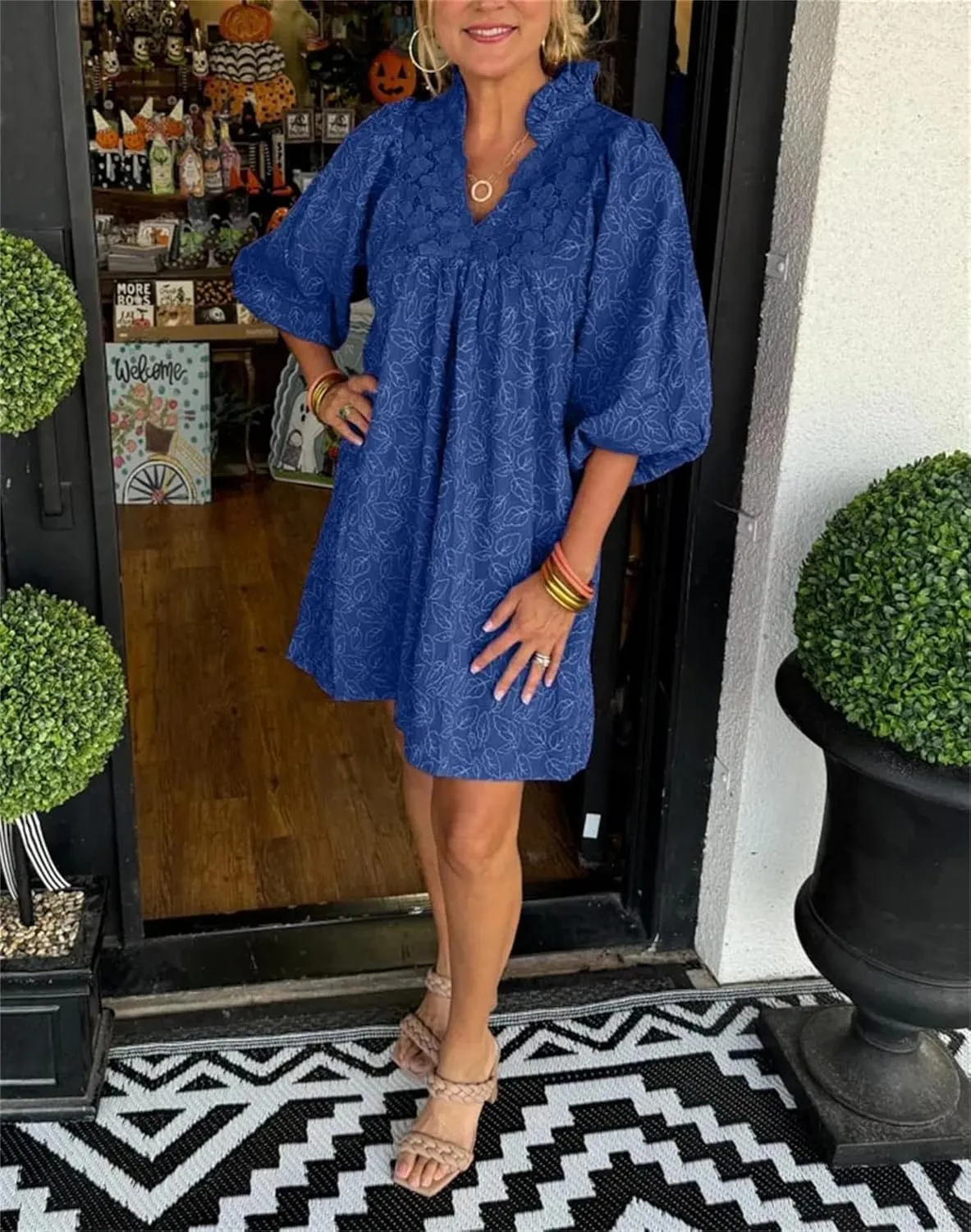 Women's Casual Embroidered Ruffle Puff Sleeve Tunic Dress Summer Loose Boho Lace A Line Vacation Mini Dress