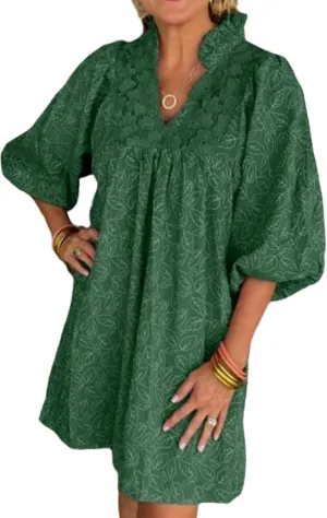 Women's Casual Embroidered Ruffle Puff Sleeve Tunic Dress Summer Loose Boho Lace A Line Vacation Mini Dress
