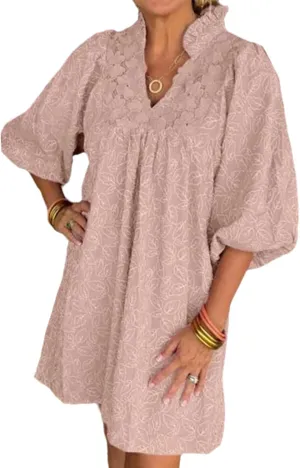 Women's Casual Embroidered Ruffle Puff Sleeve Tunic Dress Summer Loose Boho Lace A Line Vacation Mini Dress