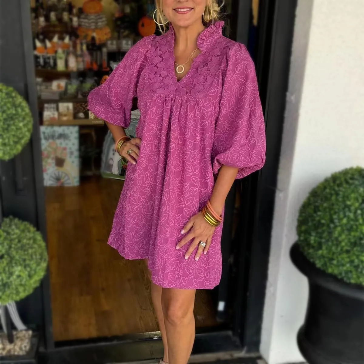 Women's Casual Embroidered Ruffle Puff Sleeve Tunic Dress Summer Loose Boho Lace A Line Vacation Mini Dress