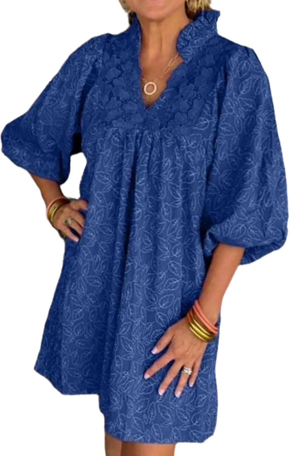 Women's Casual Embroidered Ruffle Puff Sleeve Tunic Dress Summer Loose Boho Lace A Line Vacation Mini Dress