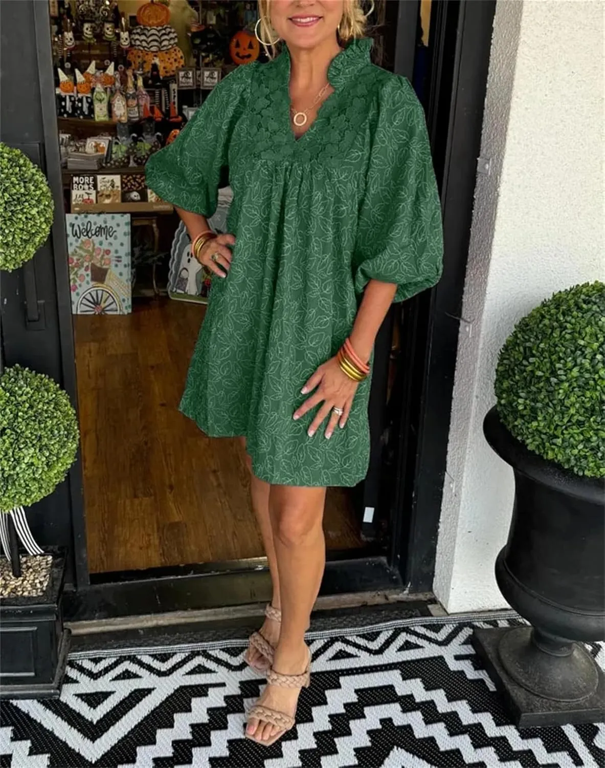 Women's Casual Embroidered Ruffle Puff Sleeve Tunic Dress Summer Loose Boho Lace A Line Vacation Mini Dress