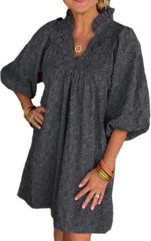 Women's Casual Embroidered Ruffle Puff Sleeve Tunic Dress Summer Loose Boho Lace A Line Vacation Mini Dress