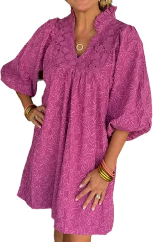 Women's Casual Embroidered Ruffle Puff Sleeve Tunic Dress Summer Loose Boho Lace A Line Vacation Mini Dress