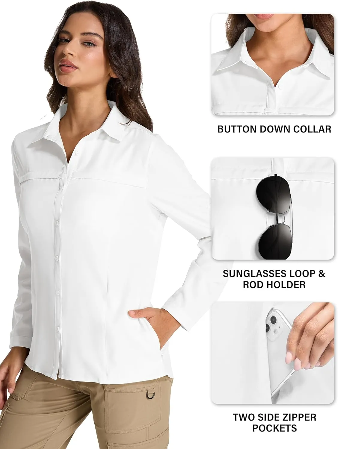Womens Fishing Safari Shirt Sun Protection Hiking Shirts Quick Dry Lightweight UPF 50 Long Sleeve for Travel Outdoor Camping