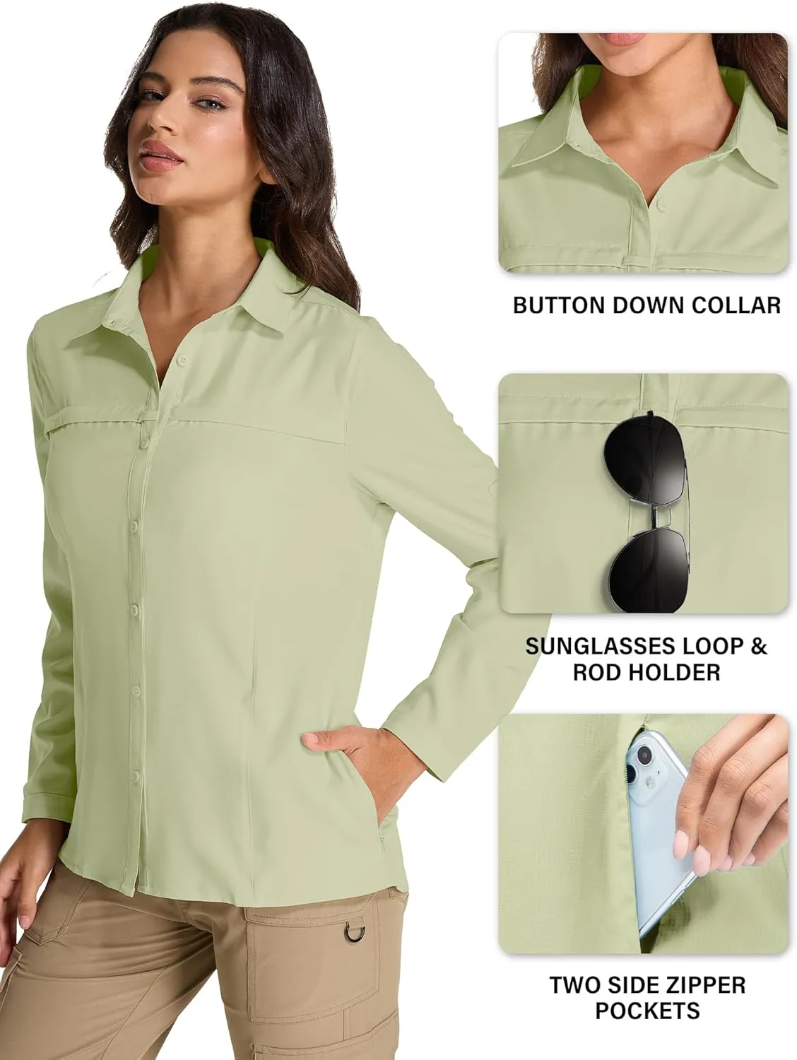 Womens Fishing Safari Shirt Sun Protection Hiking Shirts Quick Dry Lightweight UPF 50 Long Sleeve for Travel Outdoor Camping