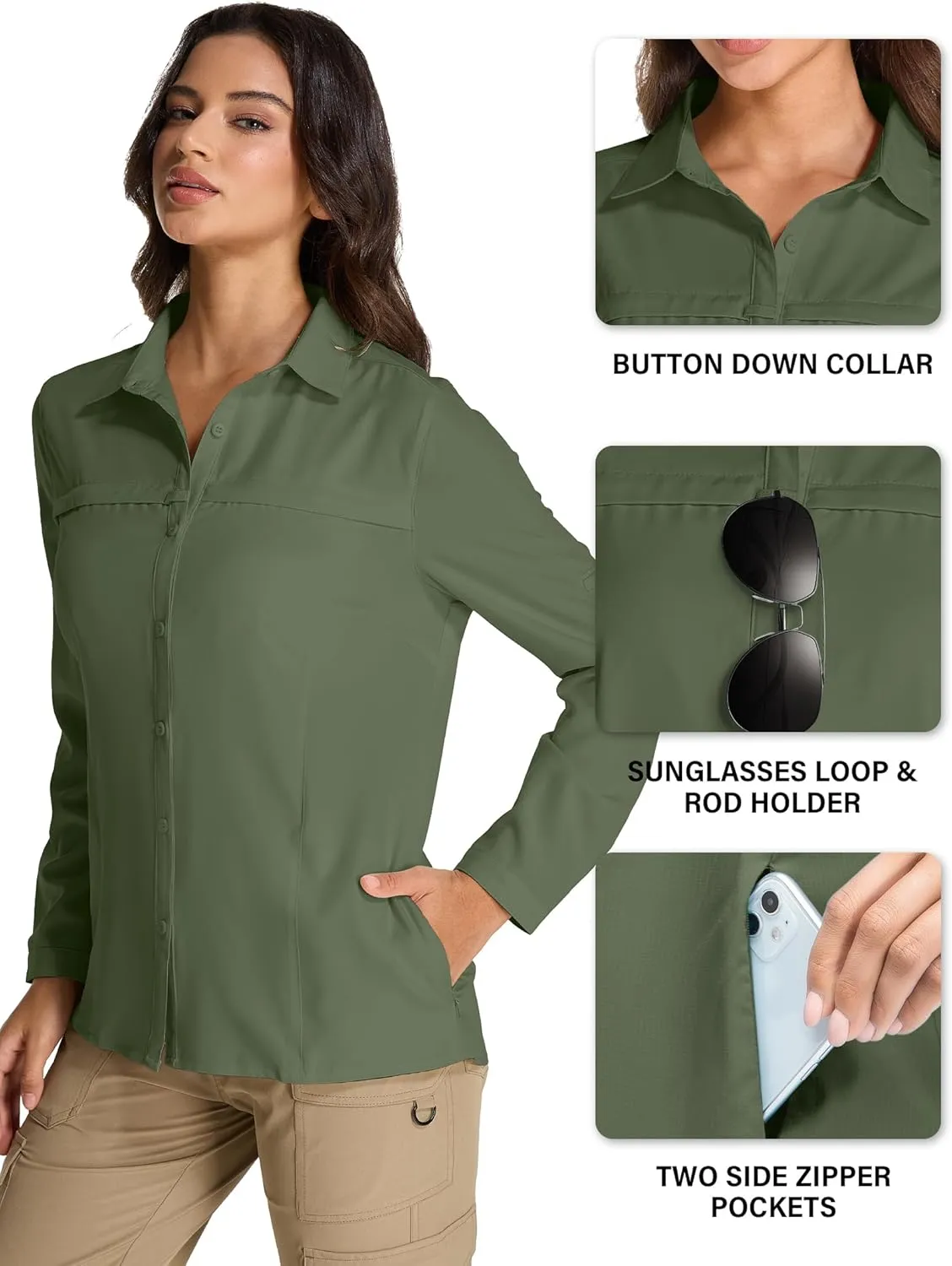 Womens Fishing Safari Shirt Sun Protection Hiking Shirts Quick Dry Lightweight UPF 50 Long Sleeve for Travel Outdoor Camping