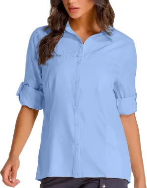 Womens Fishing Safari Shirt Sun Protection Hiking Shirts Quick Dry Lightweight UPF 50 Long Sleeve for Travel Outdoor Camping