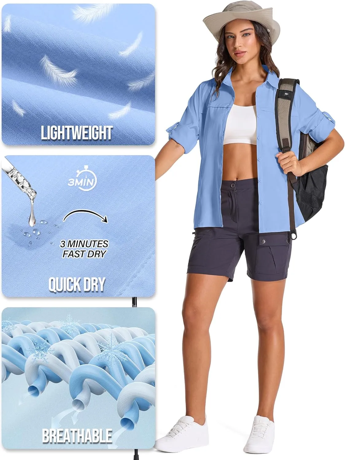 Womens Fishing Safari Shirt Sun Protection Hiking Shirts Quick Dry Lightweight UPF 50 Long Sleeve for Travel Outdoor Camping