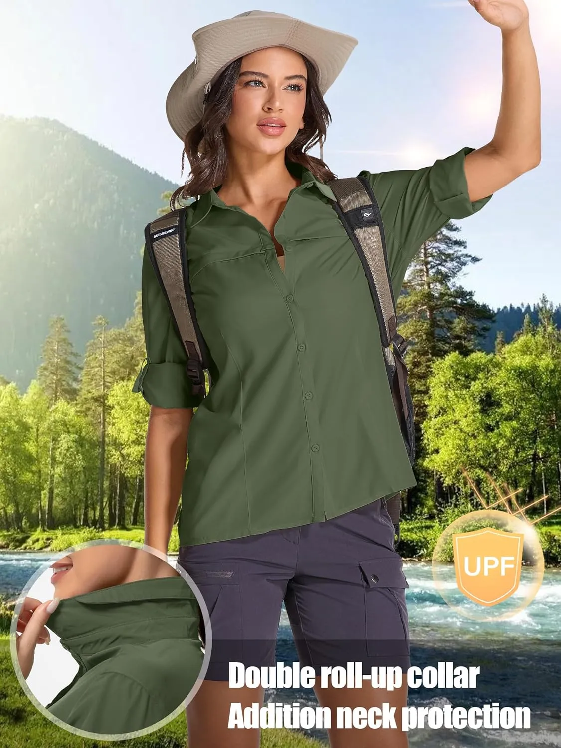 Womens Fishing Safari Shirt Sun Protection Hiking Shirts Quick Dry Lightweight UPF 50 Long Sleeve for Travel Outdoor Camping