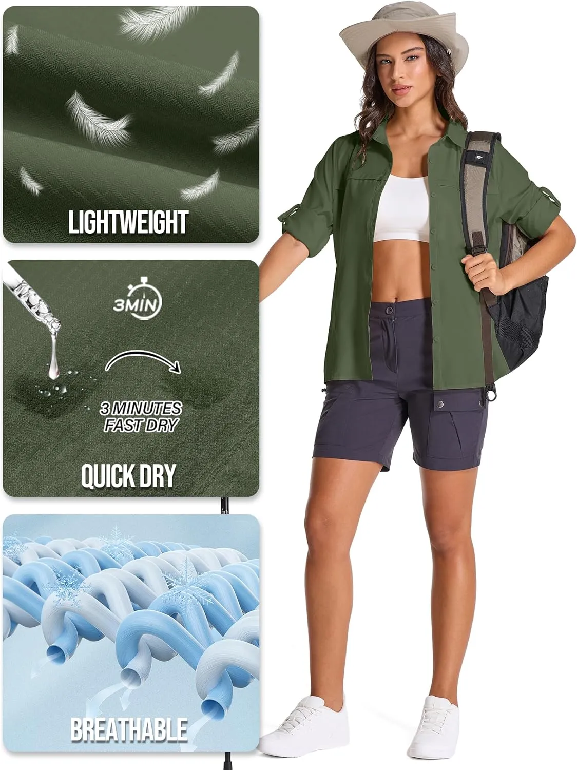 Womens Fishing Safari Shirt Sun Protection Hiking Shirts Quick Dry Lightweight UPF 50 Long Sleeve for Travel Outdoor Camping