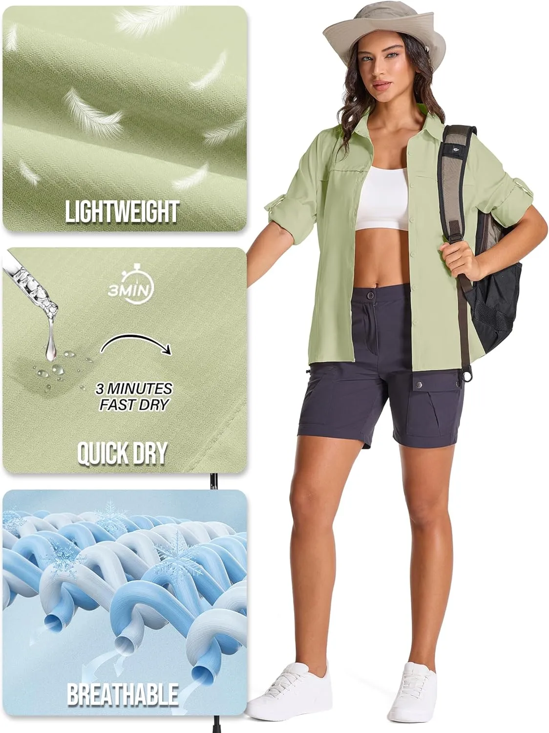 Womens Fishing Safari Shirt Sun Protection Hiking Shirts Quick Dry Lightweight UPF 50 Long Sleeve for Travel Outdoor Camping