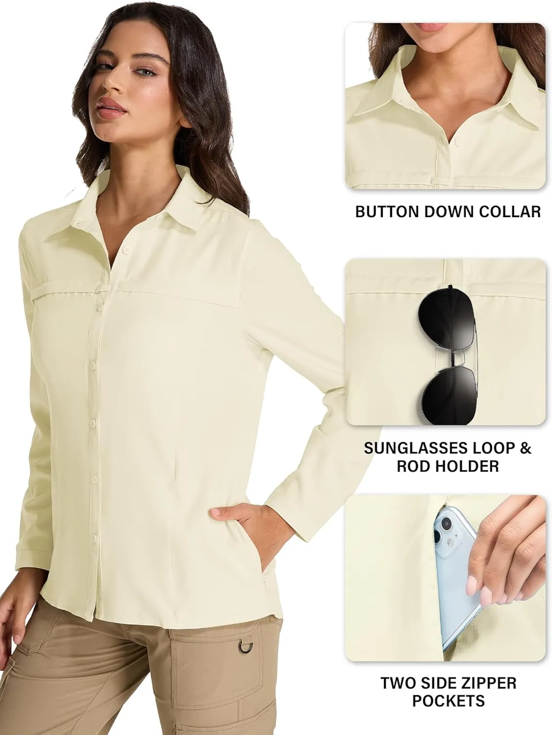 Womens Fishing Safari Shirt Sun Protection Hiking Shirts Quick Dry Lightweight UPF 50 Long Sleeve for Travel Outdoor Camping
