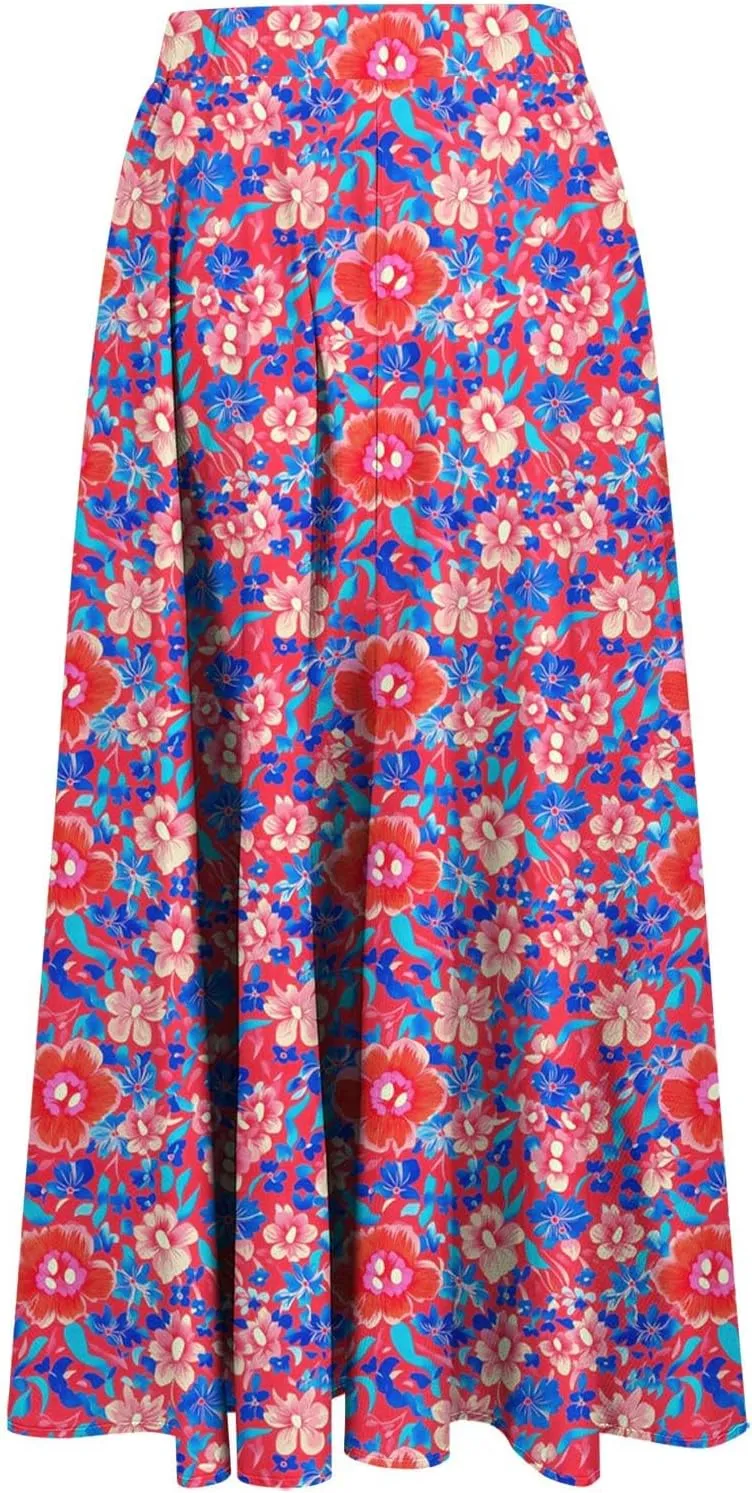 Women's Floral Print Skirts with Pockets Flowy High Waist A Line Skirt Ruffle Midi Length Summer Beach Shirts 2025