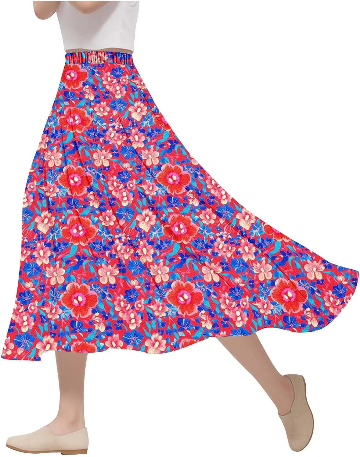 Women's Floral Print Skirts with Pockets Flowy High Waist A Line Skirt Ruffle Midi Length Summer Beach Shirts 2025