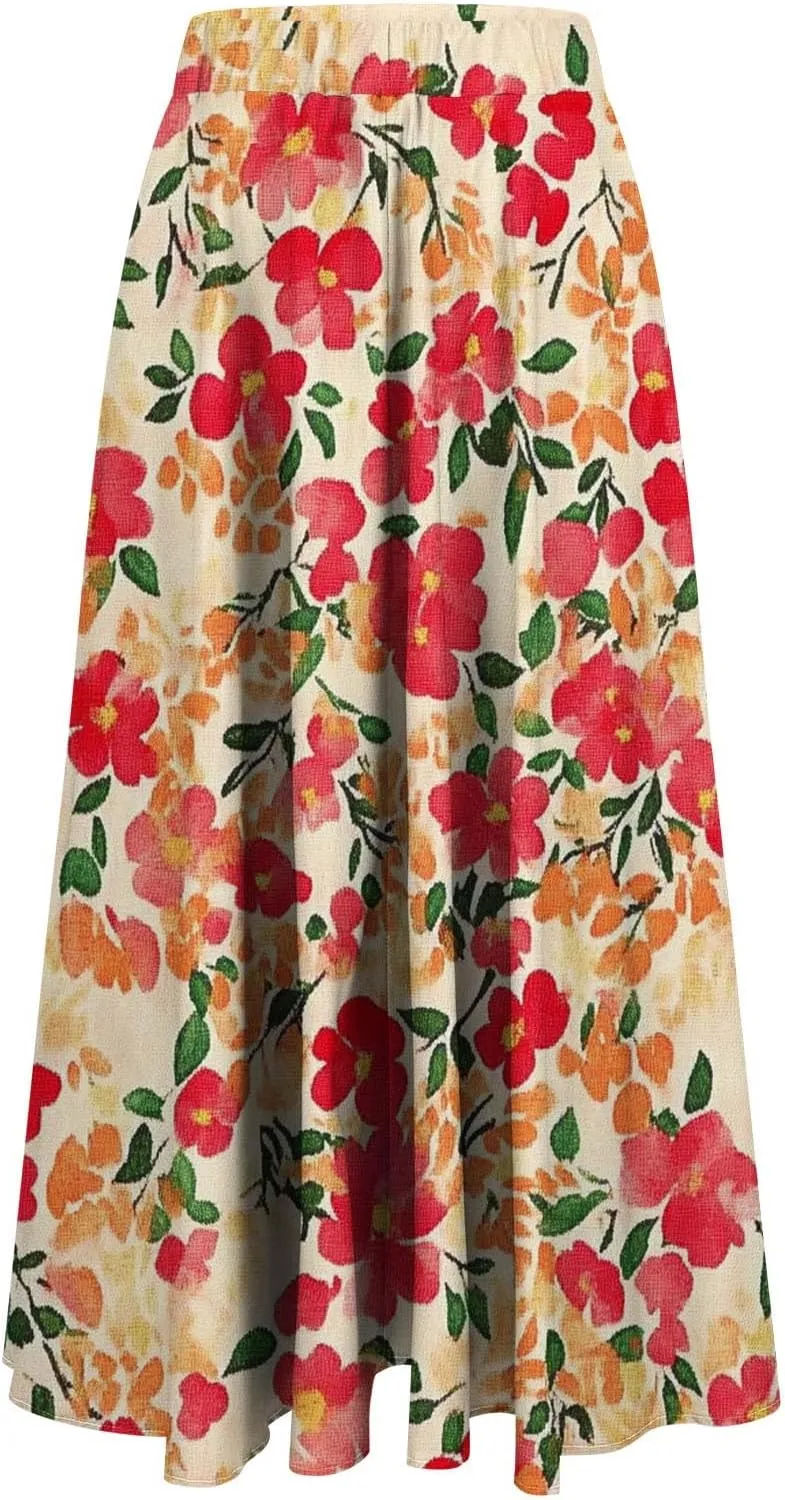 Women's Floral Print Skirts with Pockets Flowy High Waist A Line Skirt Ruffle Midi Length Summer Beach Shirts 2025