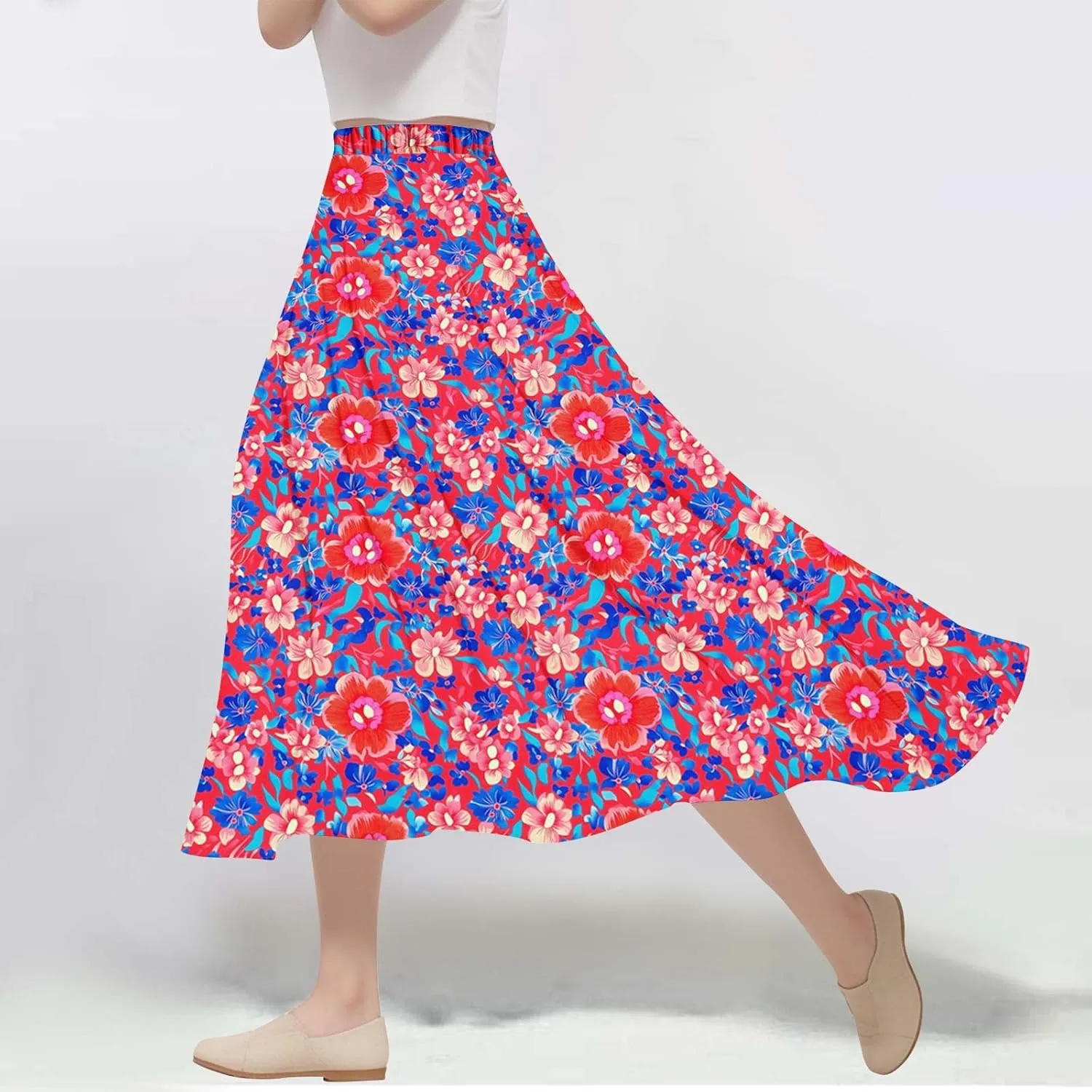 Women's Floral Print Skirts with Pockets Flowy High Waist A Line Skirt Ruffle Midi Length Summer Beach Shirts 2025
