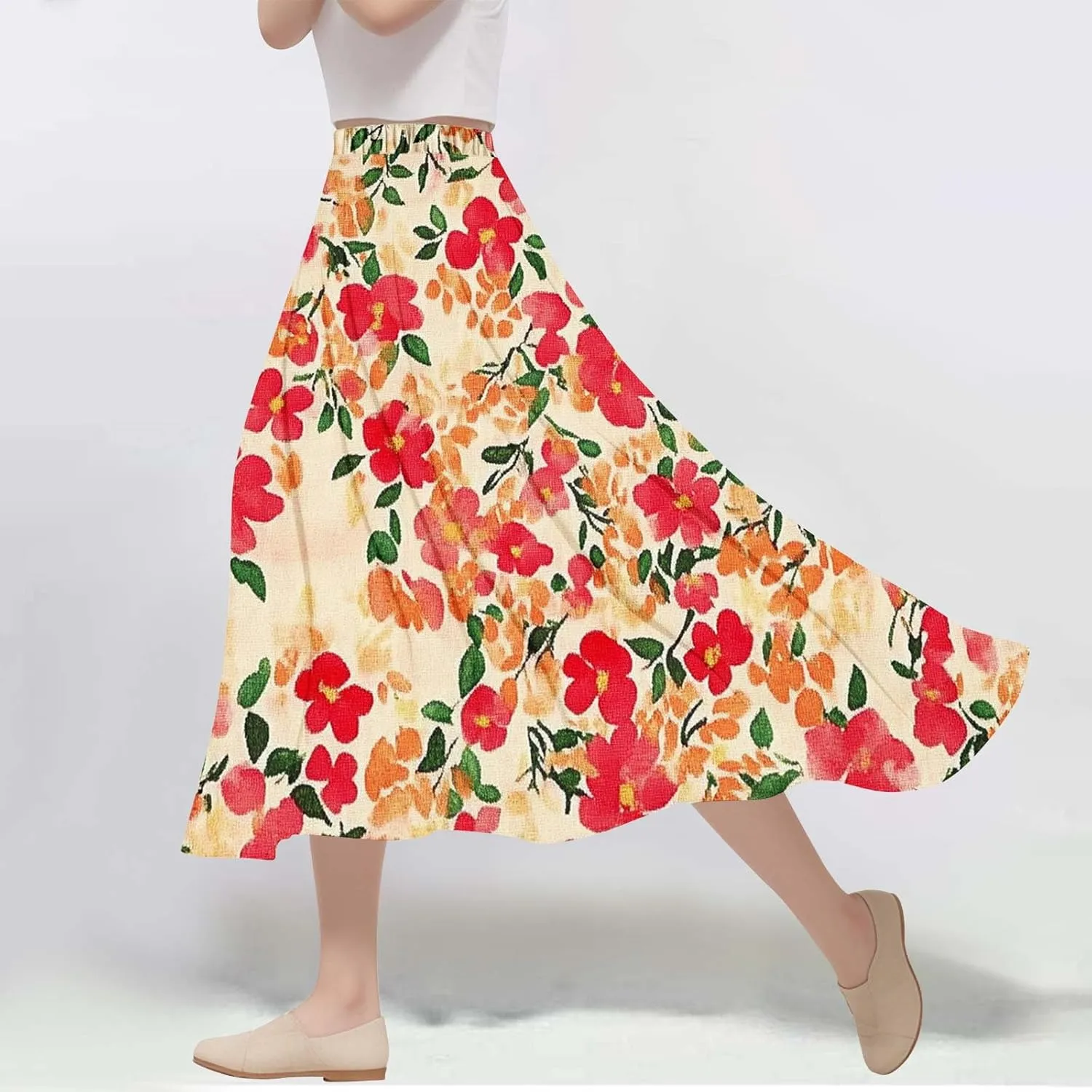 Women's Floral Print Skirts with Pockets Flowy High Waist A Line Skirt Ruffle Midi Length Summer Beach Shirts 2025