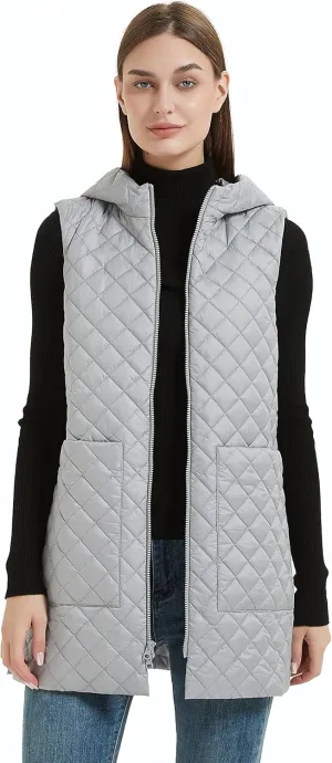 Womens Long Puffer Vest Lightweight Down Quilted Cap Sleeve Jacket with Pockets