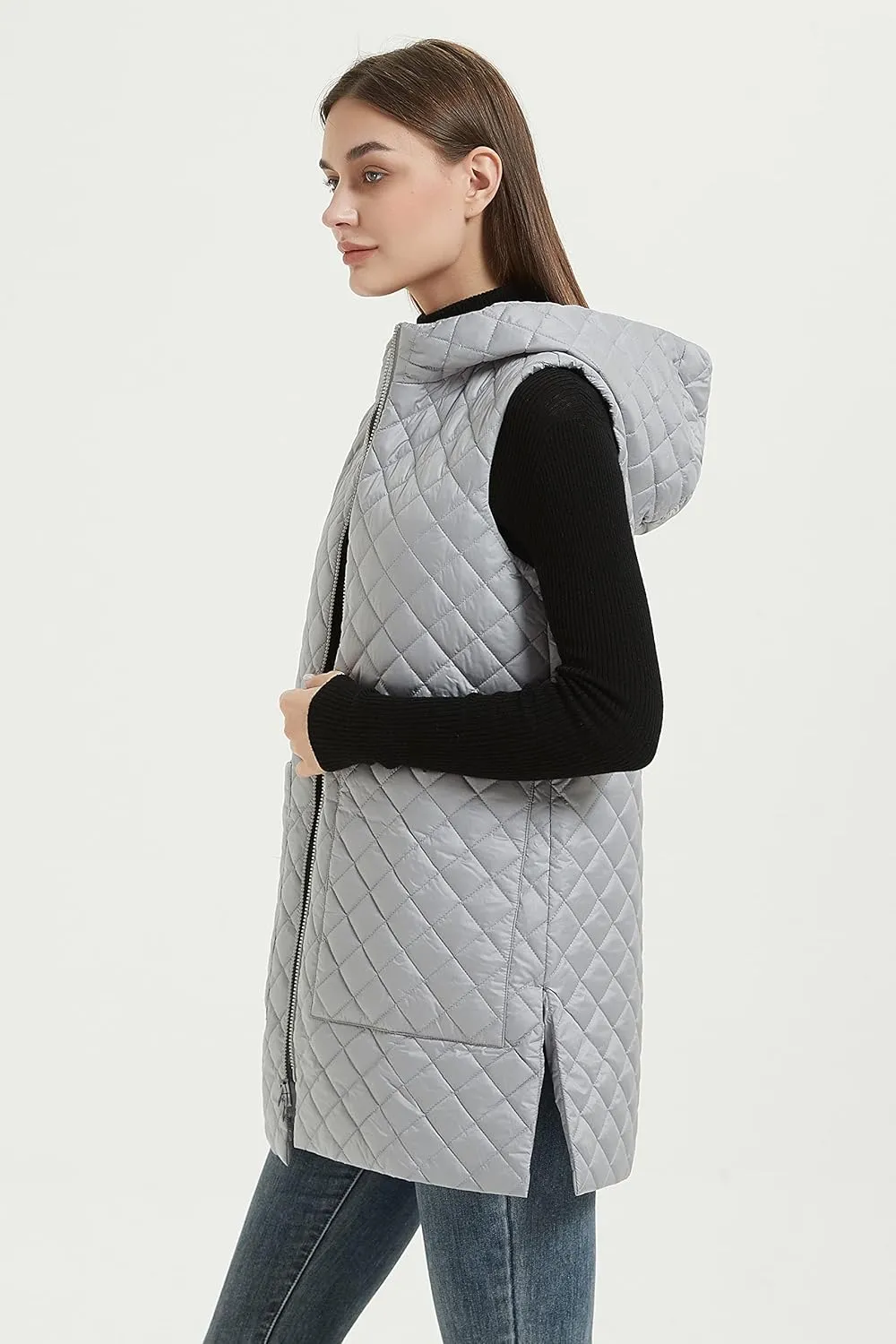 Womens Long Puffer Vest Lightweight Down Quilted Cap Sleeve Jacket with Pockets