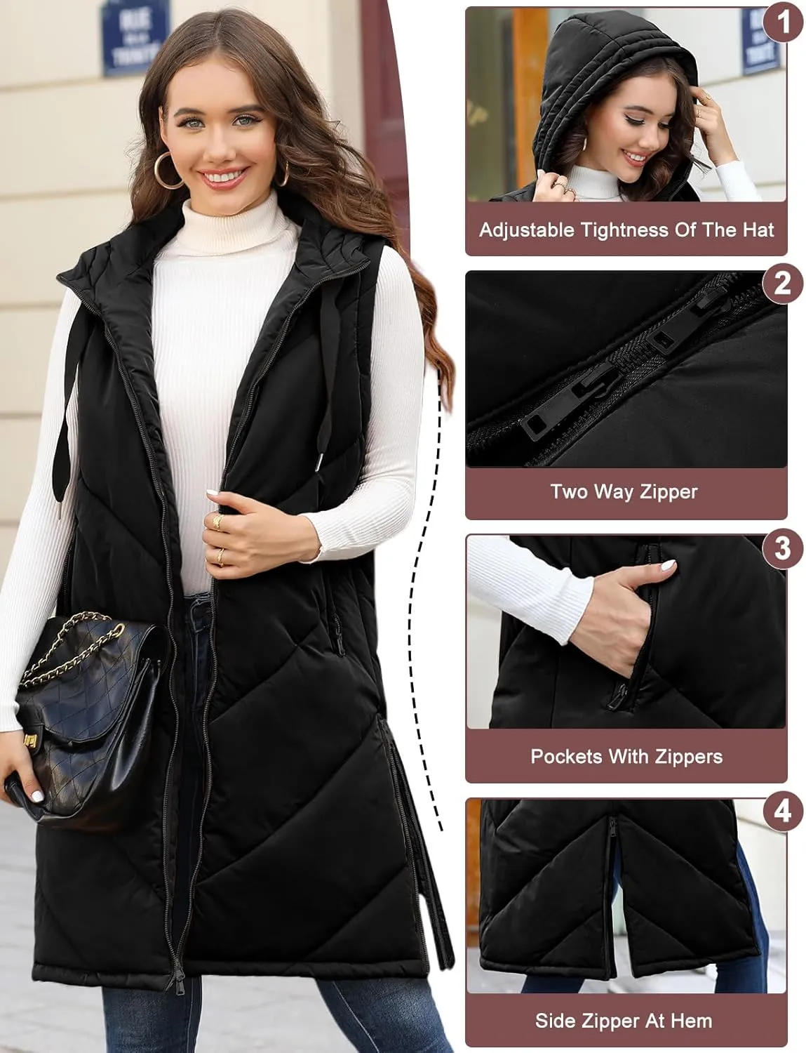 Womens Long Puffer Vest - Sleeveless Hooded Vest, Full Zip Jacket, Winter Coat, Quilted Jacket, Outdoor Jacket