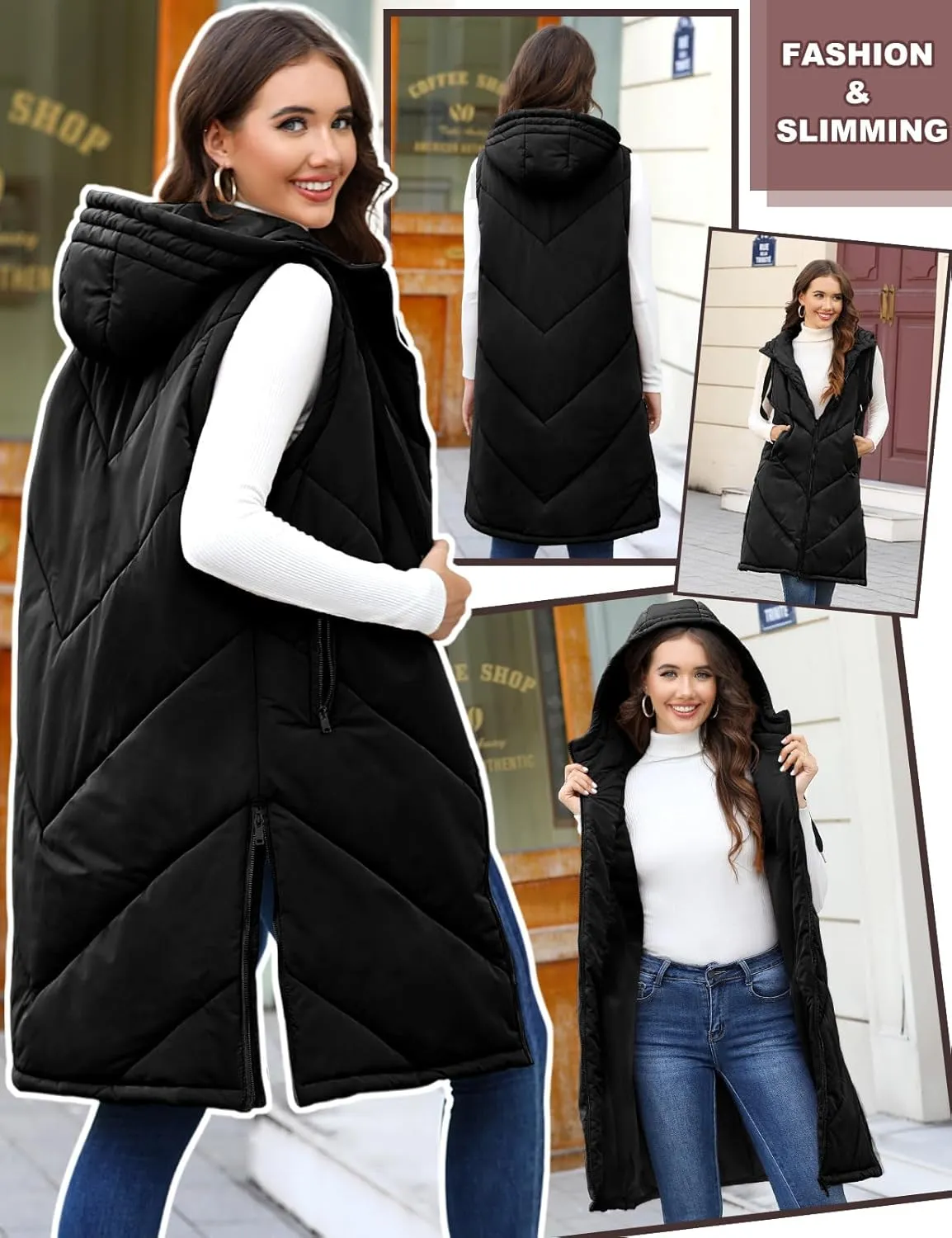 Womens Long Puffer Vest - Sleeveless Hooded Vest, Full Zip Jacket, Winter Coat, Quilted Jacket, Outdoor Jacket