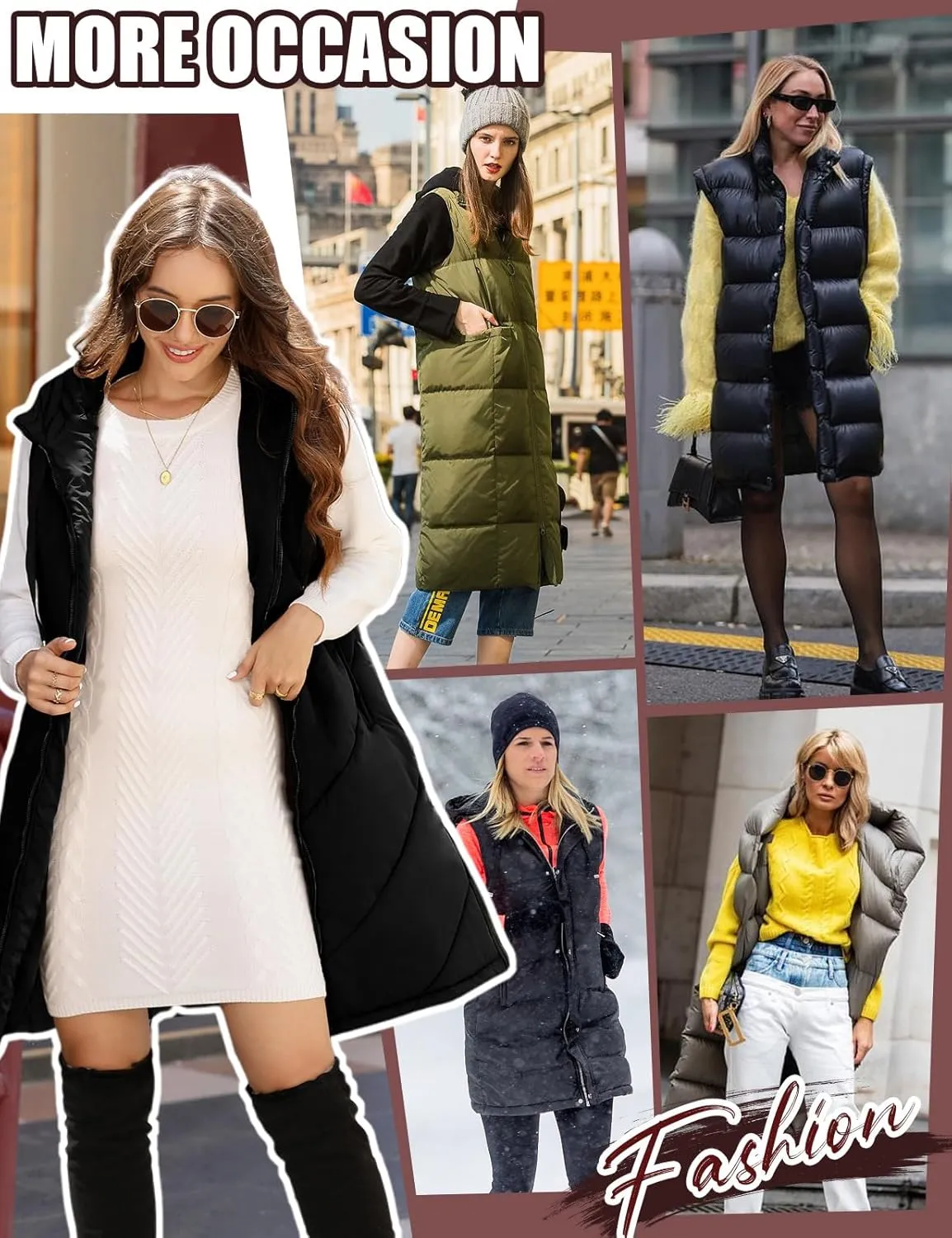 Womens Long Puffer Vest - Sleeveless Hooded Vest, Full Zip Jacket, Winter Coat, Quilted Jacket, Outdoor Jacket