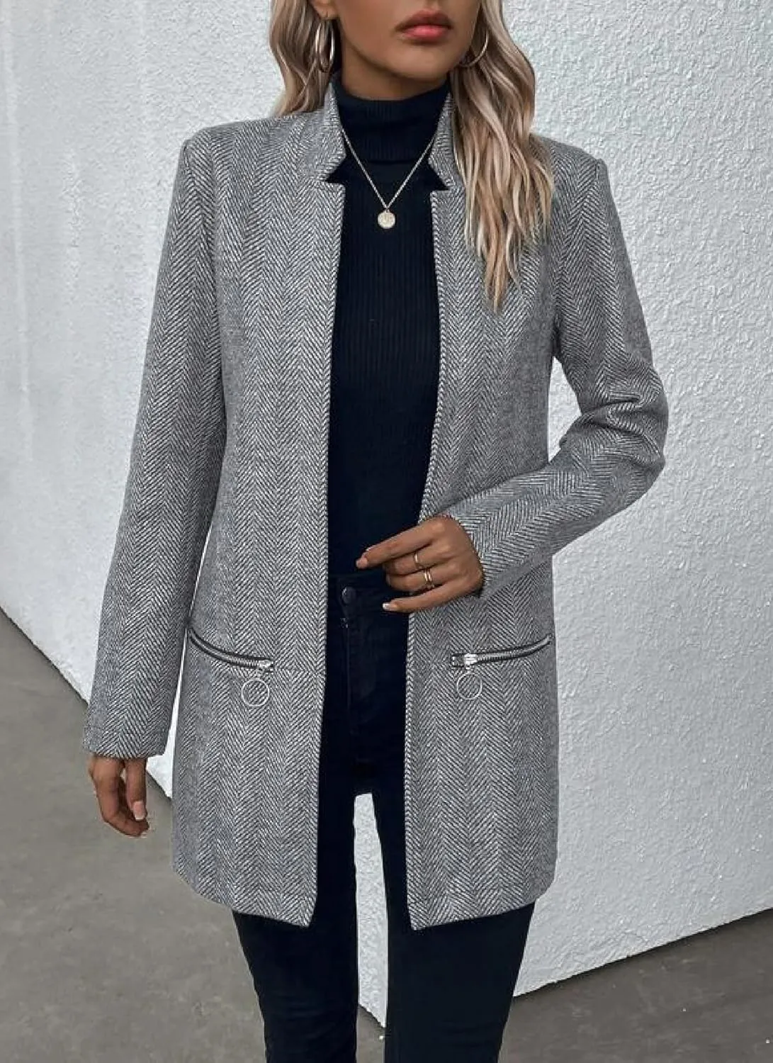 Women's Notch Stand Collar Trench Coat Winter Casual Herringbone Slim Long Blazer Jacket Overcoat