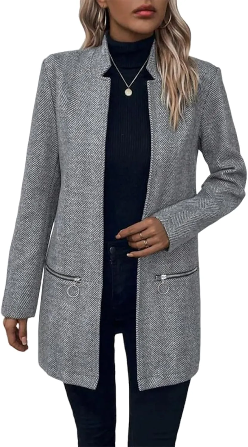 Women's Notch Stand Collar Trench Coat Winter Casual Herringbone Slim Long Blazer Jacket Overcoat