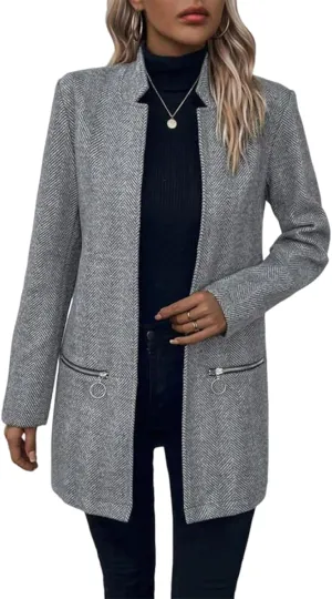 Women's Notch Stand Collar Trench Coat Winter Casual Herringbone Slim Long Blazer Jacket Overcoat