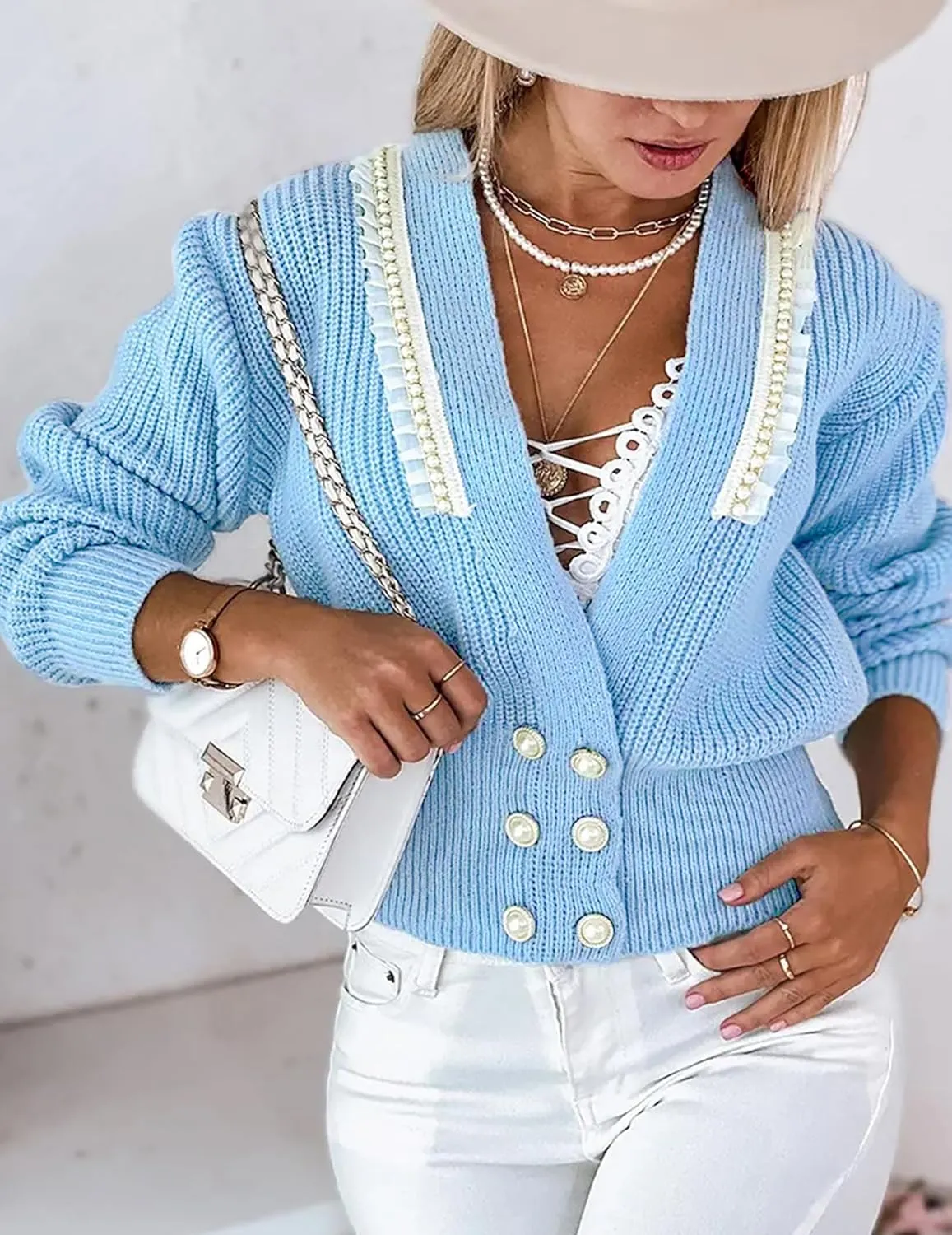 Womens Oversized Dressy Lace Pearl Button Cardigan Fall 2024 Lightweight Ribbed Knit V Neck Sweater Cardigans