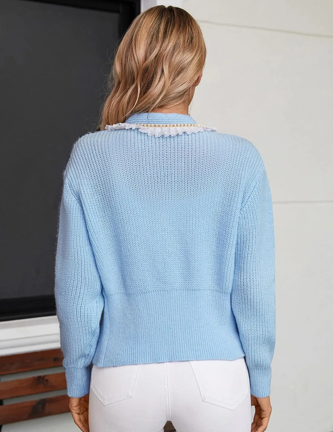 Womens Oversized Dressy Lace Pearl Button Cardigan Fall 2024 Lightweight Ribbed Knit V Neck Sweater Cardigans