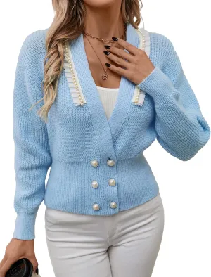 Womens Oversized Dressy Lace Pearl Button Cardigan Fall 2024 Lightweight Ribbed Knit V Neck Sweater Cardigans