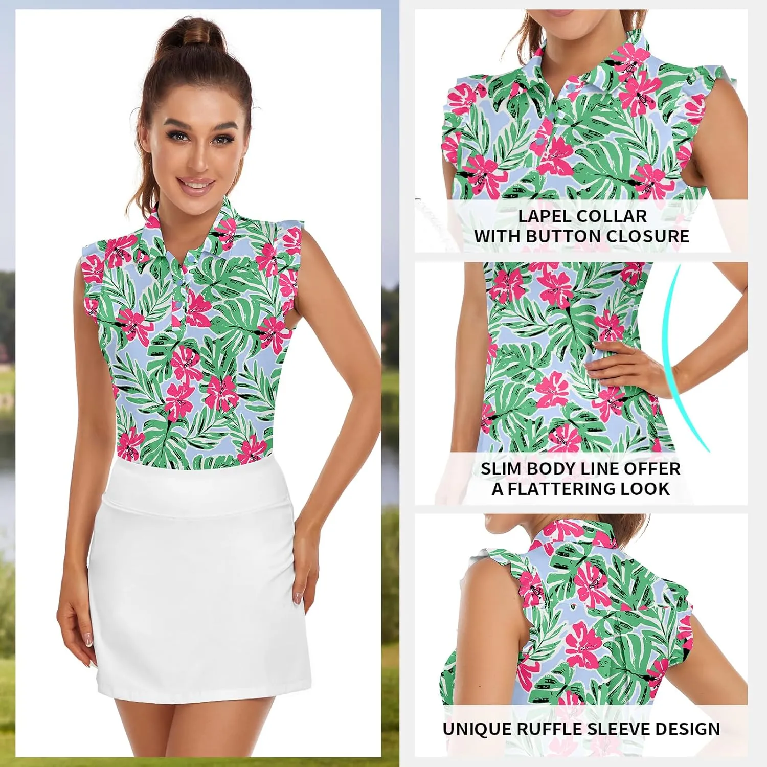 Womens Sleeveless Golf Shirt Ruffle Sleeve Polo Shirts Moisture Wicking Golf Apparel Tennis Shirts Golf Tank Tops