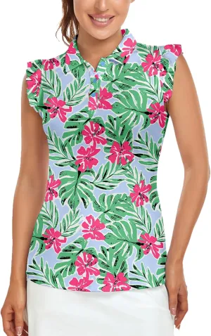 Womens Sleeveless Golf Shirt Ruffle Sleeve Polo Shirts Moisture Wicking Golf Apparel Tennis Shirts Golf Tank Tops